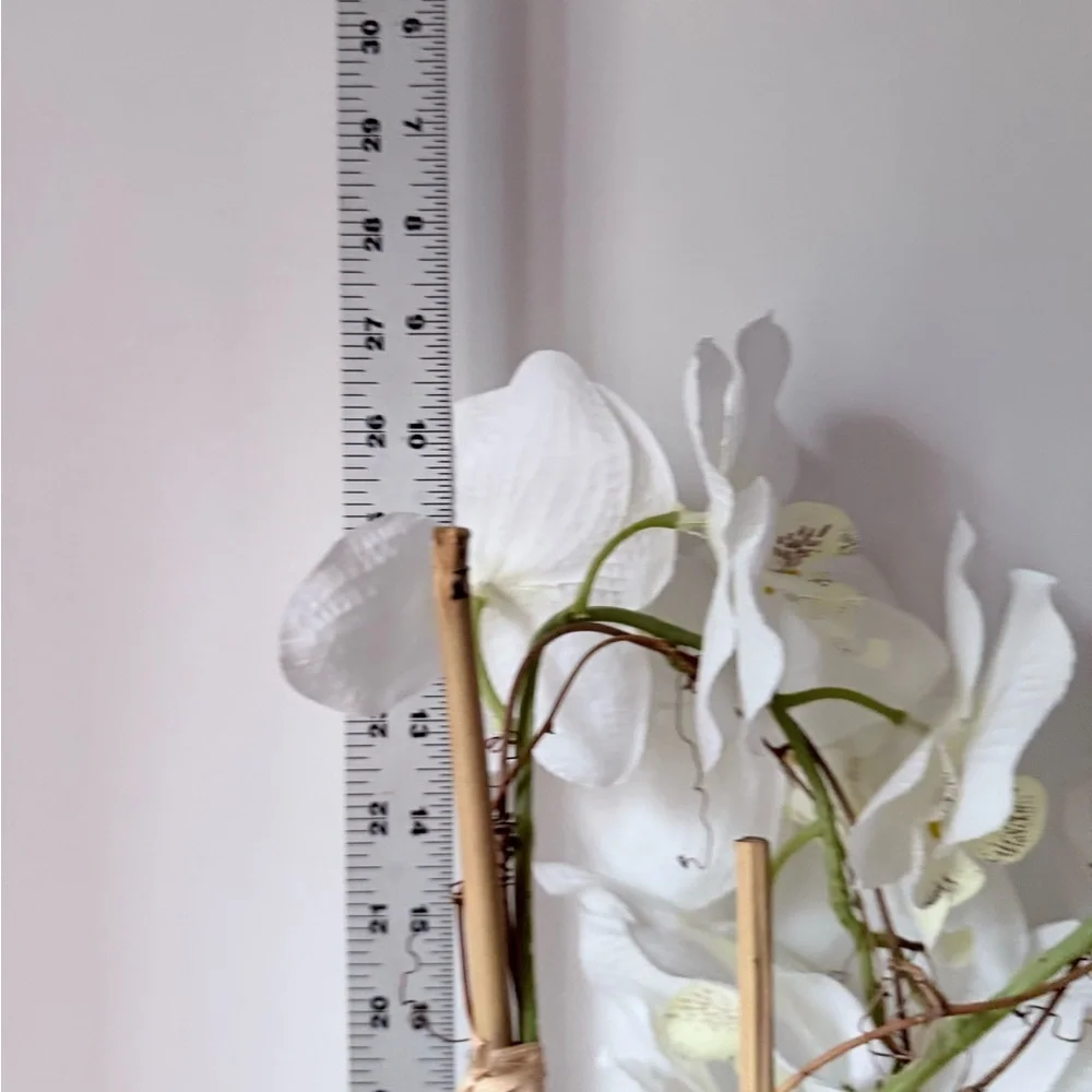 artificial white Phalaenopsis orchid arrangement in a brown textured vase 27”….